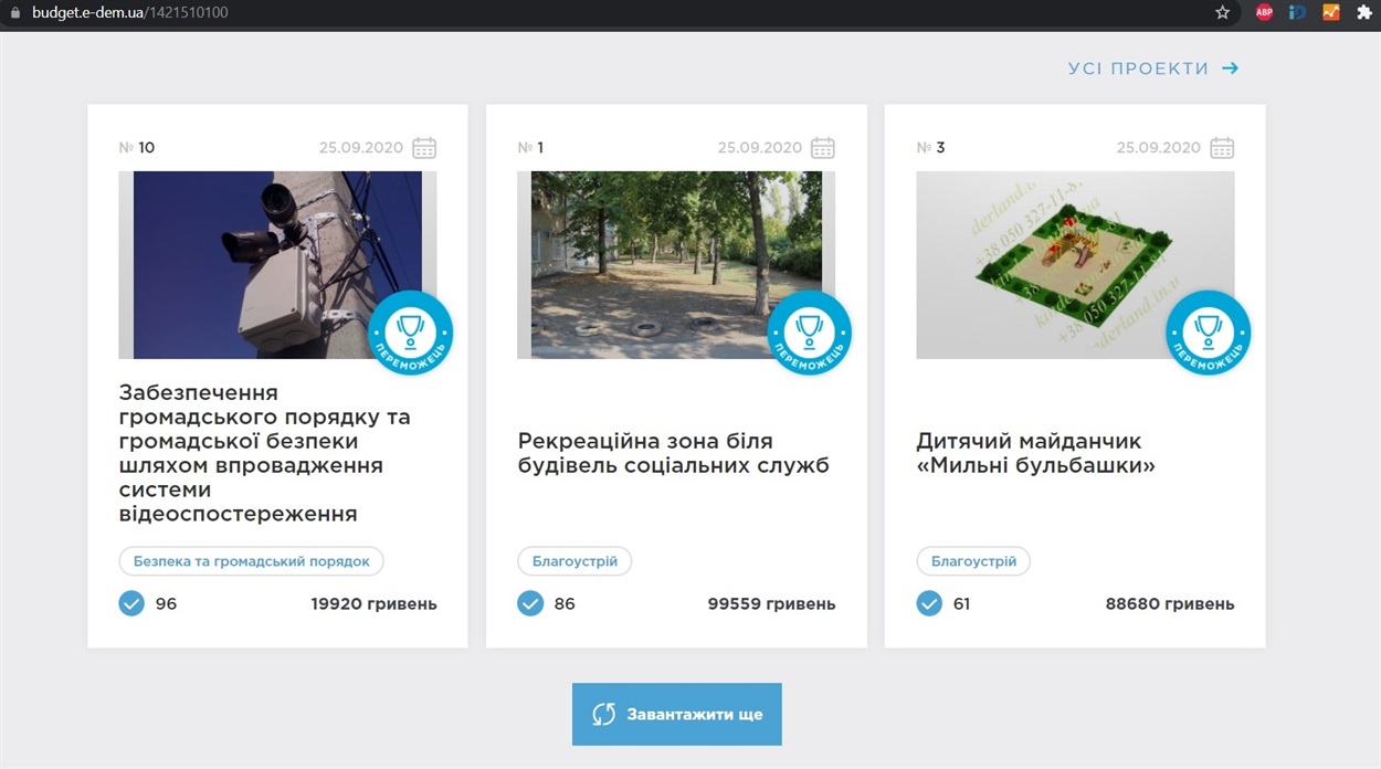 Скріншот розділу "Громадський бюджет. Волноваха" з сайту E-DEM