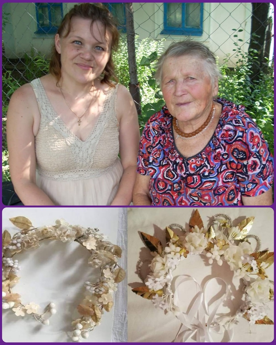 Ірина Крюченко і вінкоплетниця села Малинівка Анастасія Хоцька. А нижче ліворуч віночок пані Анастасії (в якому вона виходила заміж 1951р.),   поряд з ним його репліка (перший віночок зроблений  Іриною Крюченко разом з вінкоплетницею