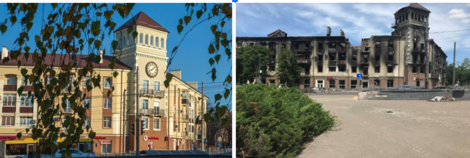 Будинок із годинником у Маріуполі. Колаж: The Wall Street Journal
