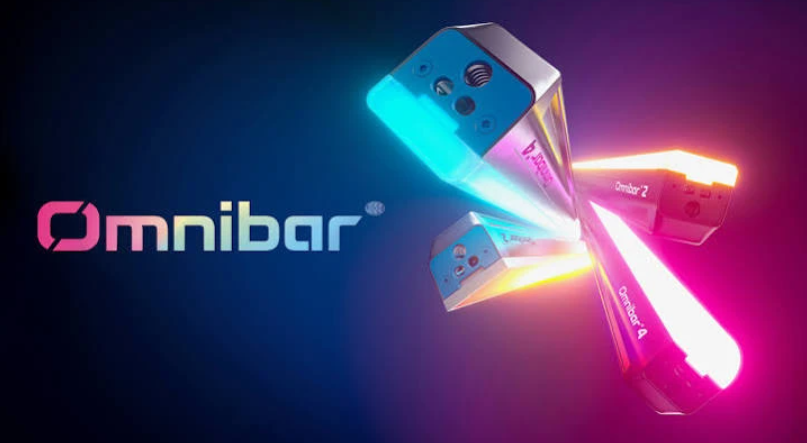 Панелі ARRI Omnibar 4 та Omnibar 2 у зборі, розташовані у формі віяла на темно-синьому тлі з логотипом.
